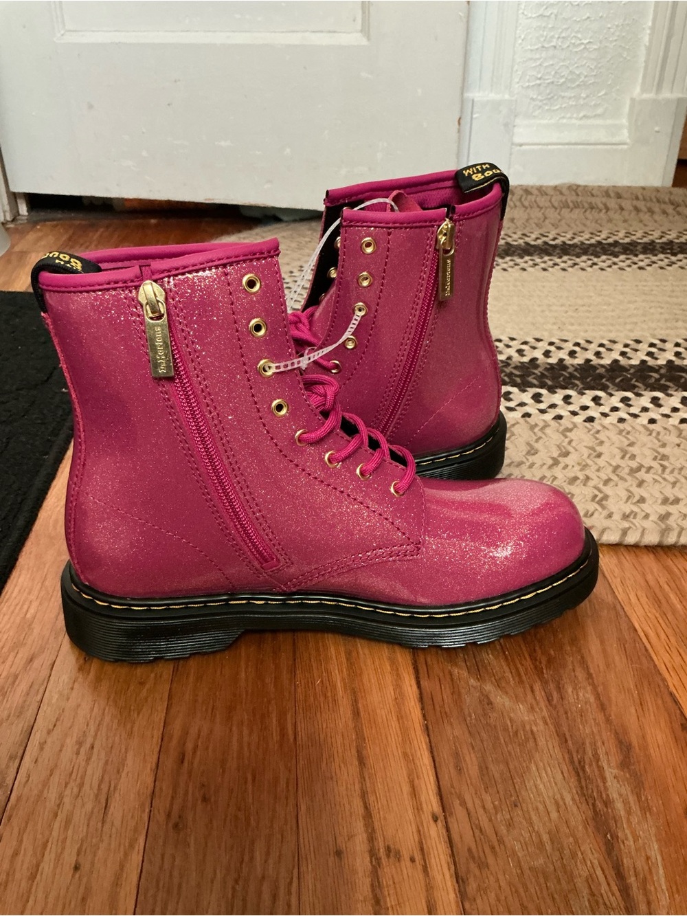 Dr. Martens Pink Glitter Lace-Up Combat Boots - Picture 3 of 11